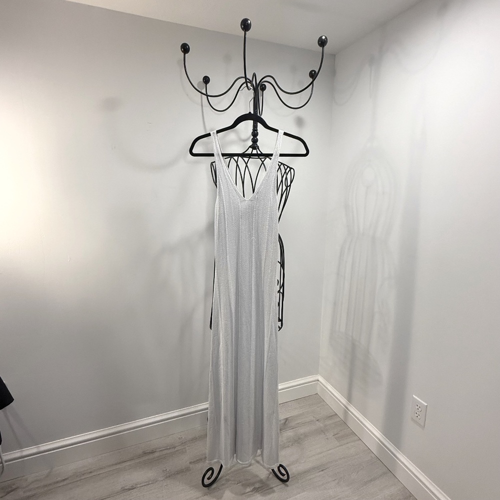 NWT Hunter & Brown Metallic Silver Spaghetti Strap Maxi Dress Size Medium Tall